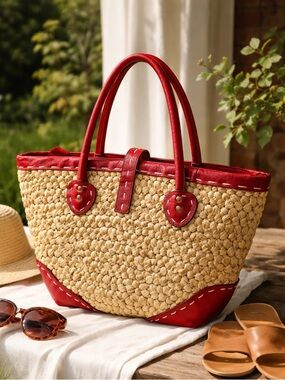 Straw Studios Natural Straw Tote with Red Trim and Handles